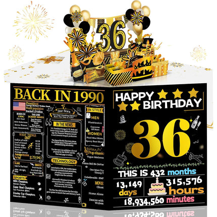 Joycard 36th Birthday Card for Women Men, 3D Pop Up Happy Birthday Gift for Her Him, Funny 36 Year Old Birthday Decorations for Wife Husband, Back in 1990 Laser Gold Retro Theme