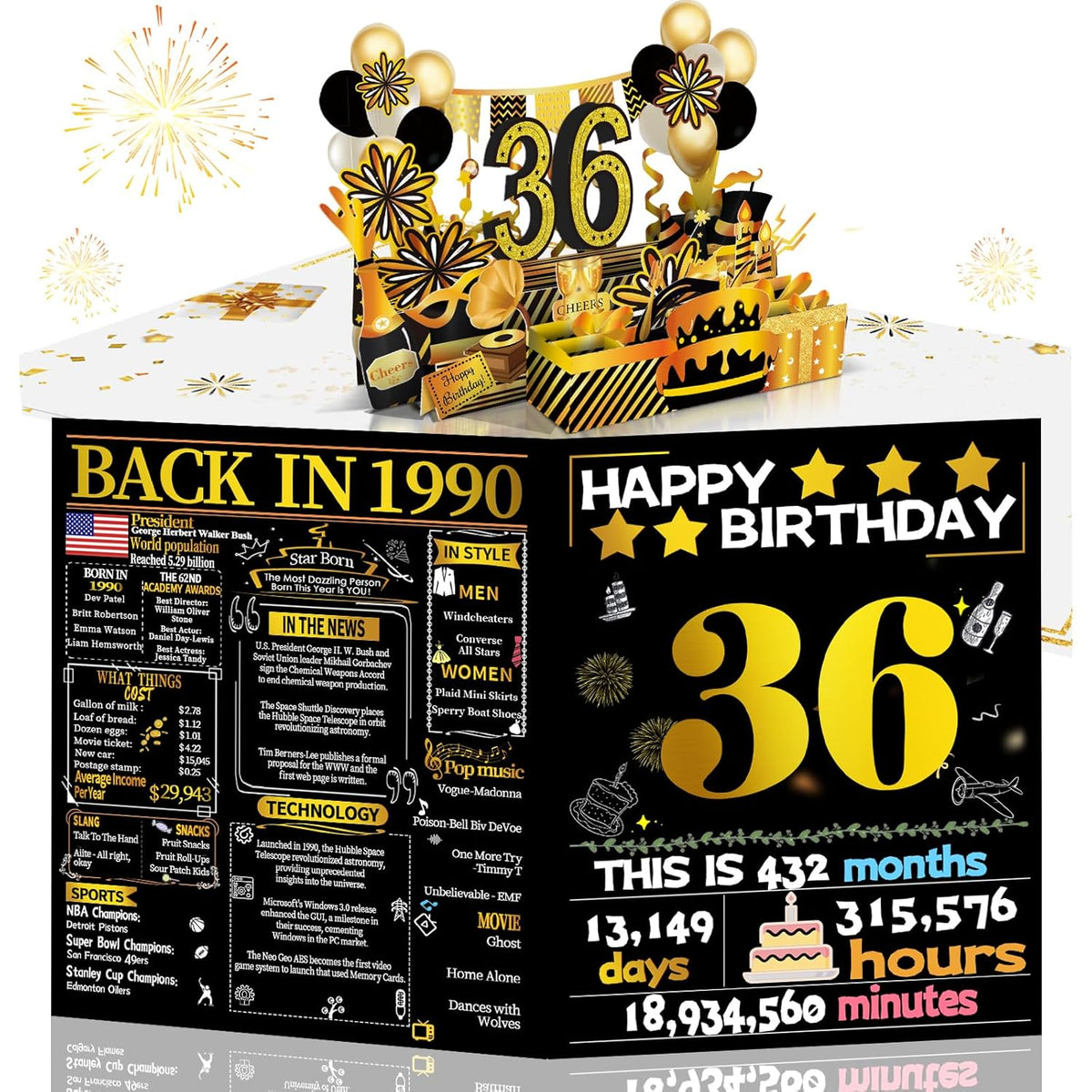 36th Birthday 3D Pop Up Card, Funny Gold Retro 1990 Theme