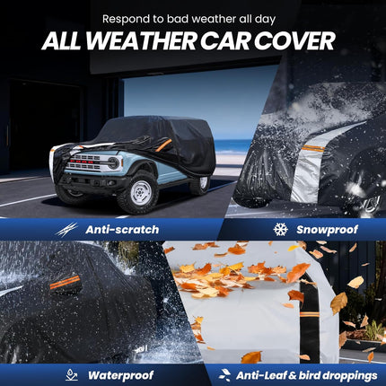 Multi-Layer Car Cover Custom Fit for Ford Bronco 4dr(2020-2026), 100% Waterproof All Weather for Automobiles, Gift with Towel, Heavy Duty Car Covers for Rain Sun UV Protection with Door Zipper