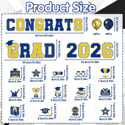Graduation Car Magnets 2026, 46PCS Blue Gold Graduation Car Decorations 2026 with Balloons, Congrats Grad Car Magnets and Decals Decor Supplies for Grad Parade Party