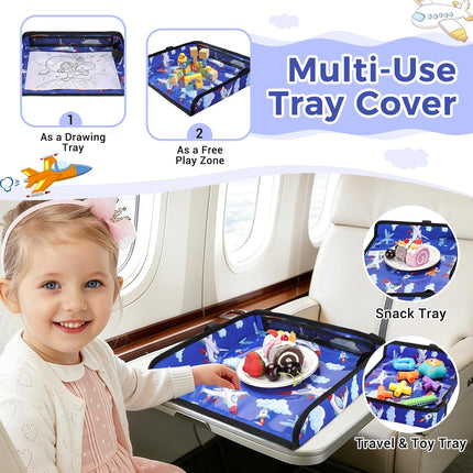 COOLBEBE Airplane Tray Table Cover – Foldable Travel Tray Cover for Toddlers 1-3 – Universal Fit for Airplane, Car Seat, High Chair – Machine Washable, Portable (Blue Plane)