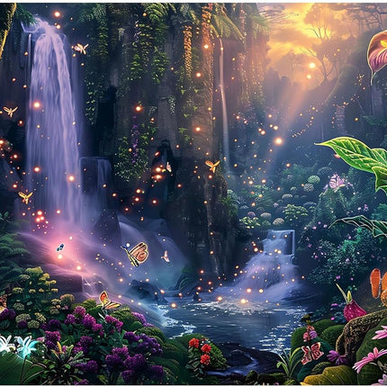 Fantasy Garden Aquarium Background Sunset Waterfall and Flowers Terrarium Backdrop Tropical Forest Lush Plant Magic Butterfly Lights Flowers Fish Tank Background Poster Decorations 24x12in