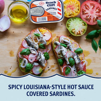 Beach Cliff Wild Caught Sardines in Louisiana Hot Sauce, 3.75 oz Can - 14g Protein per Serving - Gluten Free, Keto Friendly