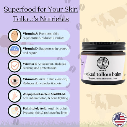 Beef Tallow for Skin | LAVENDER BALM I 2 Ingredients - 100% Grass Fed Beef Tallow & Lavender | Whole Body & Face Whipped Tallow | Sensititve Dry Skin, Eczema, Psoriasis, Rosacea