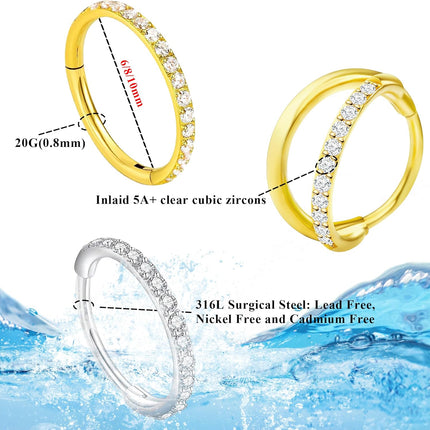 SmileBelle 14K Gold Hinged Nose Rings Hoop for Women 20G, 316L Surgical Steel Clicker Septum Ring, Hoop Huggie Earring for Upper Lobe Cartilage Helix Piercing Jewelry (8mm, 6mm,10mm)
