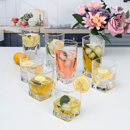 Square Everyday Drinking Glasses - Set of 16 Kitchen Drinkware Glass Cups.