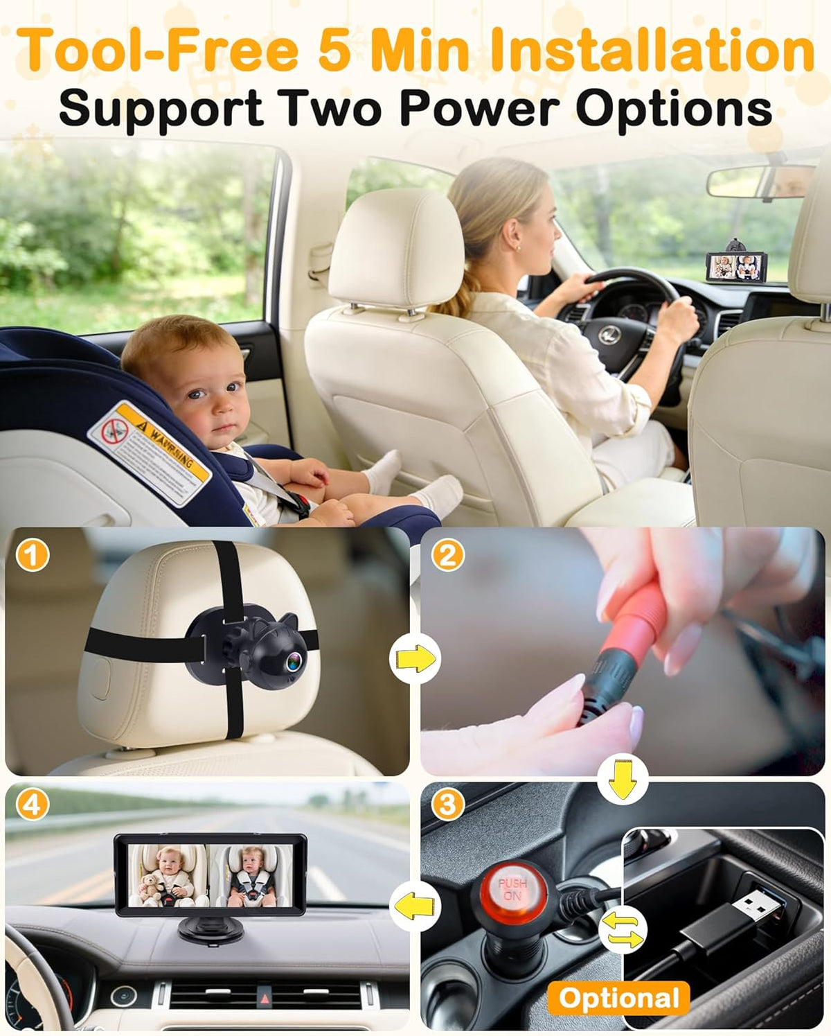 1080P Dual Baby Car Camera: 6.8" Night Vision Monitor 2-Kids from Head to Toe at Once - USB Plug & Play - photo 5