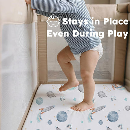 Pack and Play Sheets for Boys Girls, 38" x 26" Mini Crib Sheets Fitted for Pack n Play Mattress, Soft Breathable Playard Sheets, 2-Pack Blue Rocket