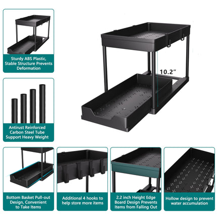 Under Sink Organizer 2 Pack, Bathroom Cabinet Organizer, 2 Tier Sliding Cabinet Basket Organizer Drawer, Multi-Purpose Bath Collection Baskets for Bathroom (Black)