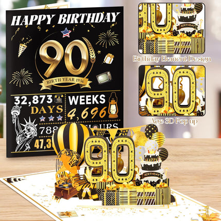90th Birthday Cards for Women Men, 3D Pop Up 90th Birthday Gift Ideas for Grandma Mom Dad, Funny 90 Year Old Birthday Decorations for Husband Wife Parents Him Her, Jumbo Back In 1936 ﻿