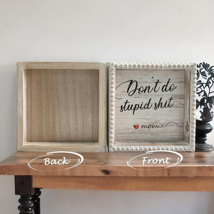Boho Farmhouse Wooden Framed Bathroom Decor Signs, Funny Restroom Decorative Plaque Small Cute, Toilet Rules Shelf Decoration (Don't Do Stupid Shit Love Mom)