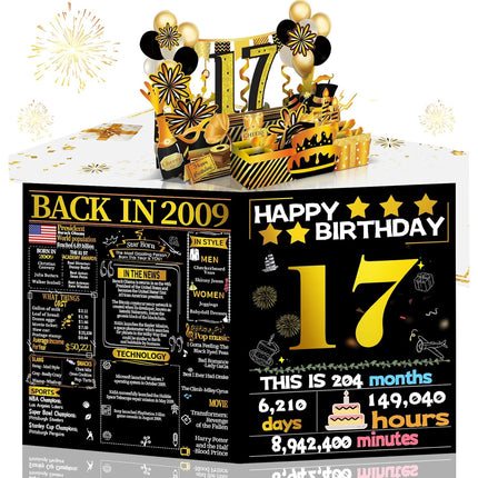 Joycard 17th Birthday Card for Girl Boy, 3D Pop Up Happy Birthday Gift for Daughter Son, Funny 17 Year Old Birthday Decorations for Grandson Granddaughter, Back in 2009 Laser Gold Retro Theme