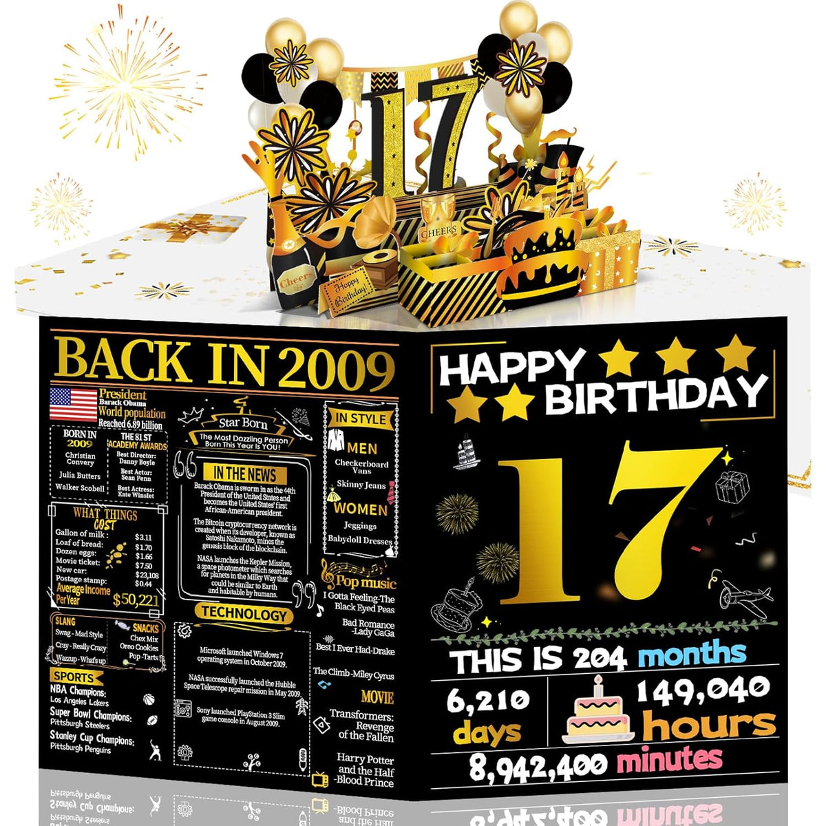 17th Birthday 3D Pop-Up Greeting Card, Back in 2009 Gold Retro Theme