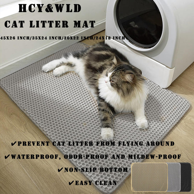 Cat Litter Mat, Double Layer Cat Litter Box Mat (35x24 Inch, Khaki)