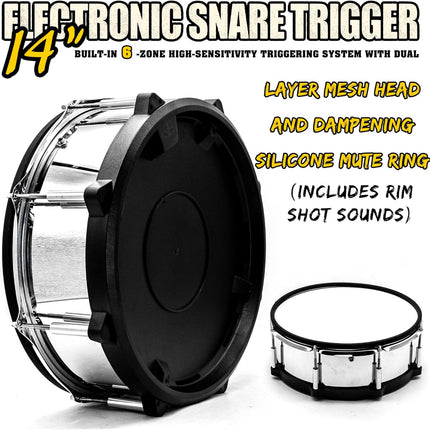 14" Electronic Digital Snare Drum, Authentic Acoustic Feel with Stainless Steel Metal Shell, 6-Zone High-Sensitivity Trigger Pad, Rim Shot & Cross Stick, Universal Output, Silver