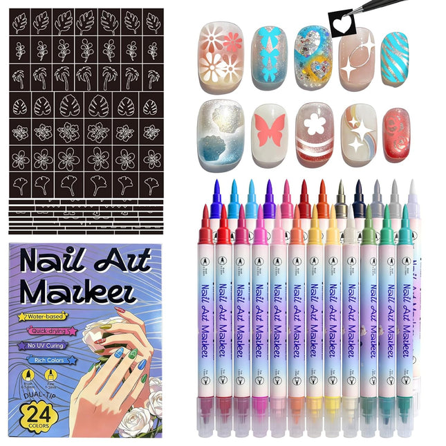 Nail Art Acrylic Marker Pens with Stencils, 24 Colors Dual Tip Water-Based