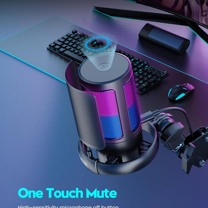 Gaming Microphone, USB PC Mic for Podcasts Videos, Streaming, Condenser Mic with Quick Mute, Tripod Stand, Pop Filter, RGB Indicator, Shock Mount, Rotate gain button, Compatible with PS4/5/PC