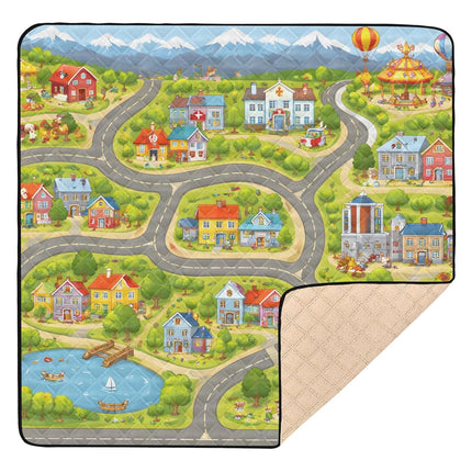 Cartoon City Map Road Baby Play Mat for Floor 50" X 50" Foldable Waterproof Non-Slip Playmat for Baby Playpen Quilted Crawling Mats Game Rug