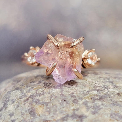 Raw Crystal Ring Birthstone Rose Gold and Quartz Solitaire Jewelry gift for her Christmas Mothers Day Birthday Valentine Statement Ring Gift Uniquelan Jewelry