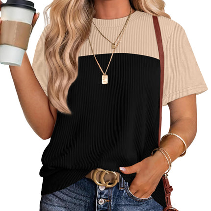 Womens Fashion 2026 Color Block Shirts Short Sleeve Knitted Summer Fall Tops Casual Trendy