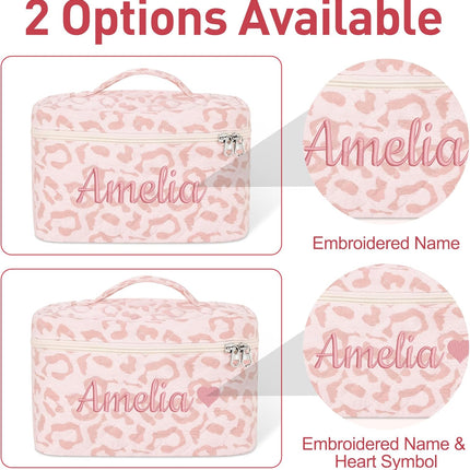 Personalized Large Quilted Makeup Bag for Women,Custom Cotton Travel Cosmetic Bag with Embroidered Name,Cute Toiletry Organizer Bag Bridesmaid Birthday Gift