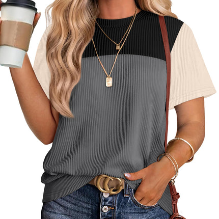 Womens Fashion 2026 Color Block Shirts Short Sleeve Knitted Summer Fall Tops Casual Trendy