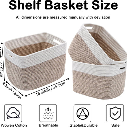 3 Pack Woven Rope Storage Baskets for Shelves,13.5"×11"×9.5" Storage Bins with Handles,Empty Gift Baskets,Nursery Organizer for Toys,Towels,Books,Closet,Living Room,Bedroom (White & Brown)