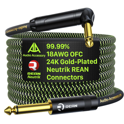 Pro Bass Guitar Cable 6 ft, Gold-Plated Neutrik REAN Connector, Low Capacitance 99.99% 18AWG OFC, Kevlar-Reinforced 1/4 Inch Instrument Cable for Fender Combo Electric Amp Rumble Marshall, Right Angle