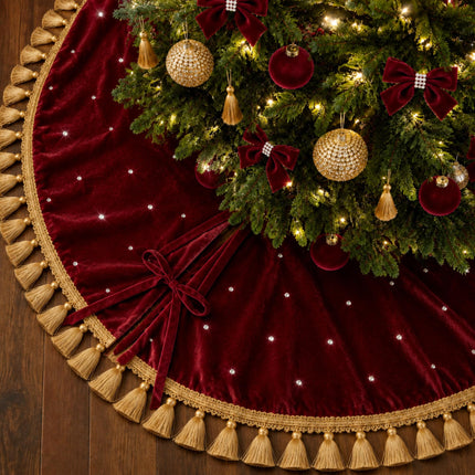 55 Inch Burgundy Christmas Tree Skirt Velvet, Round