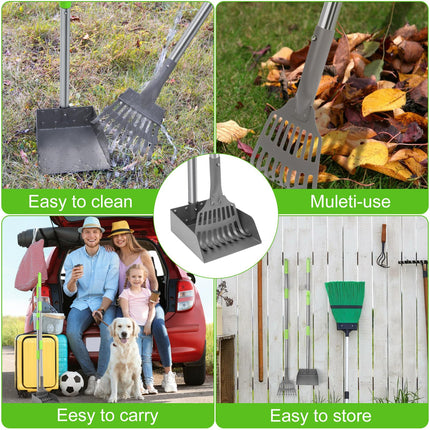 Non-Breakable Pooper Scooper, Dog Pooper Scooper Tray & Rake Set with Adjustable Stainless Steel Long Handle for Large Medium Small Dogs (Green)