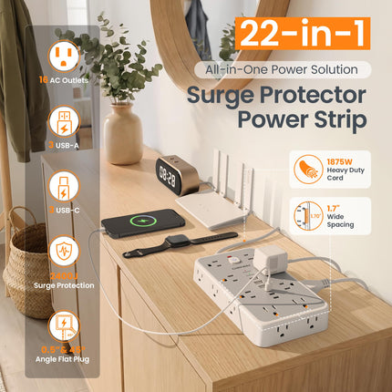 6 FT Surge Protector Power Strip with 6 USB, 16 Outlets, 2400J - photo 2