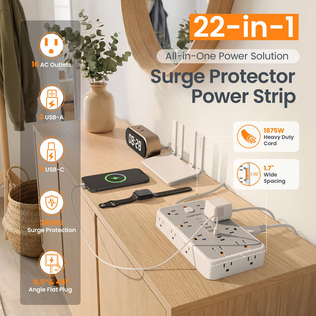 6 FT Surge Protector Power Strip with 6 USB, 16 Outlets, 2400J - photo 2