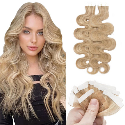Benehair Remy Tape in Hair Extensions Human Hair Ash Blonde&Bleach Blonde Seamless Skin Weft Tape in Real Human Hair Extensions Wavy Hair 22 Inch 50g #18P613 20 pcs
