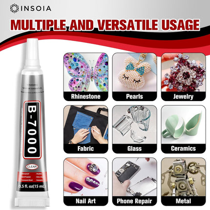 B7000 Rhinestone Glue Clear 10 PCS 15ml – Strong Transparent No Trace Jewelry Glue with Precision Tip, Quick Dry Multi-Purpose Adhesive for Making Nail Makeup Fabric Shoes Craft Phone Repair