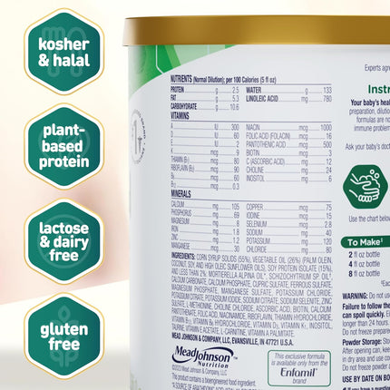 Enfamil Prosobee Plant based Baby Formula, for Sensitive Tummies, Soy-based Plant Sourced Protein, Vitamins for Immune Support, Lactose-free, Milk free, Gluten free, 20.9 Oz Can