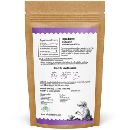 50 Bags Alcachofa Artichoke Leaf Dried Artichokes Blend Herb Tea (Cynara Cardunculus) - 50 Count 2g Tea Bags Herbal Hojas De Alcachofa Seca
