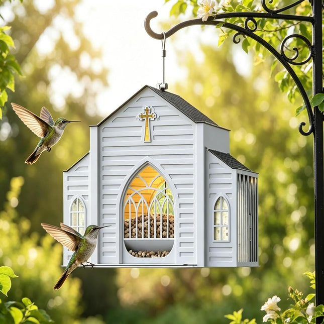 Church Shaped Metal Hanging Bird Feeder with Solar Light