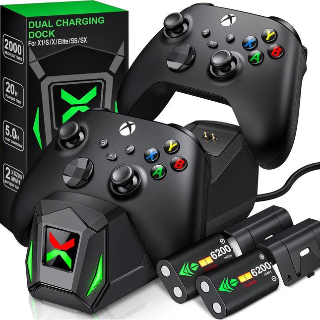 Upgraded Controller Charger Station with 2x6200mWh Rechargeable Battery Packs for Xbox One/Series X|S, Dual Charging