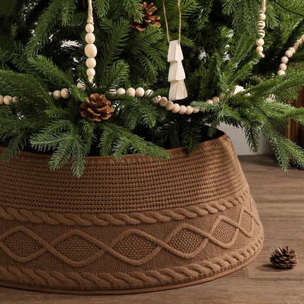 Knitted Christmas Tree Collar: Cream Crossed Diamond Edge Chunky Cable Knit Christmas Tree Collars for Artificial Trees, Farmhouse Rustic Tree Ring Tree Skirt for Christmas Home Décor