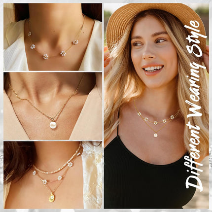 Trinckle Pearl Necklaces for Women, Gold Pearl Choker Single Pendant Necklace Layered Daisy Prom Wedding Strands for Bride Bridesmaids Beach Summer Jewelry