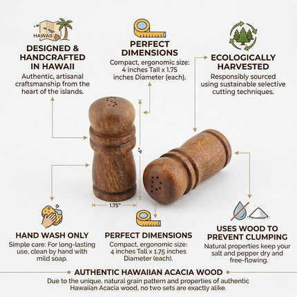 Handcrafted Hawaiian Acacia Wood Salt & Pepper Shaker Set – 4” Natural Wood Grinders, Anti-Clog Design, Sustainably Harvested, Kitchen Table Decor