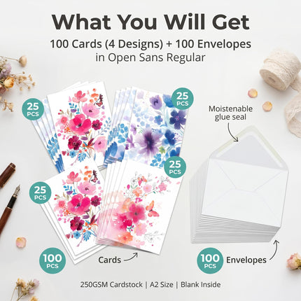 100 Pack Blank Cards and Envelopes, 3.5 x 5 Inch Watercolor Flowers Blank Greeting Cards, Note Cards Blank Inside, Invitation Cards, Blank Cards for All Occasions Bulk