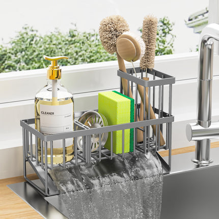 Sink Caddy Sponge Holder for Kitchen with Brush Holder and Stainless Steel Self Drain Tray, Rustproof Kitchen Sink Organizer for Sponge, Soap Dispenser Storage Accessories