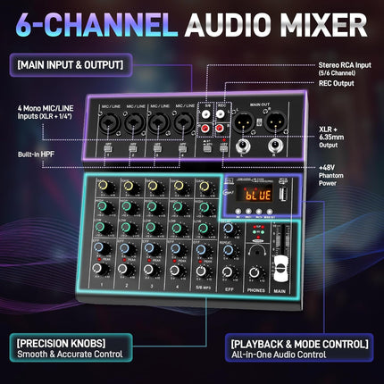 6-Channel Audio Mixer for Beginners, Easy Setup DJ Mixer with Bluetooth, USB/MP3 Sound Card, DSP Effects & 48V Phantom Power, Compact Mixing Console for Karaoke, Podcast & Streaming