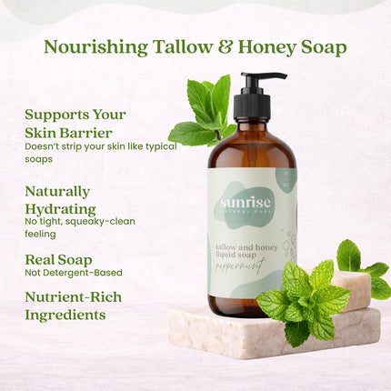 Tallow & Honey Liquid Soap – Peppermint – Natural Face, Body & Hand Wash – Grass-Fed Beef Tallow Cleanser – Gentle Moisturizing Soap – 16 oz