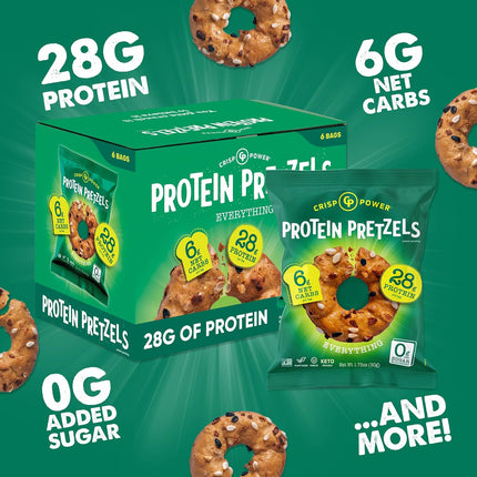 Protein Pretzels, Everything, 28G Protein, High Protein Snack, High Fiber, Low Carb Crunchy Pretzel Snacks, No Added Sugar, 1.75 oz Bags, 6 Pack, Vegan, Keto