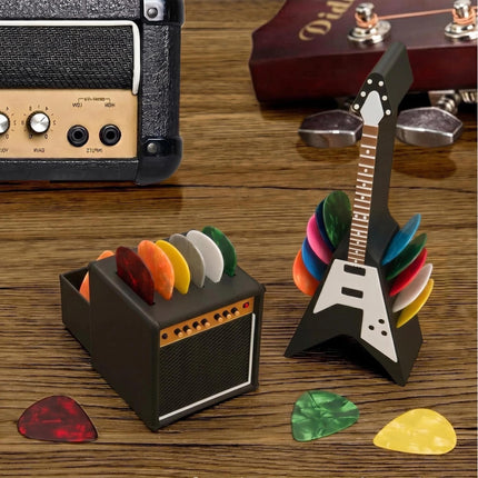 Guitar Picks Holder Box, Pick Display Holder, Amp Speaker Styled Pick Holder and V-Shaped Guitar Pick Holder, Pick Storage Box Set for Guitar Players and Music Enthusiasts