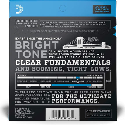 D'Addario Electric Bass Guitar Strings, XL Nickel, EXL170M, Regular Light Gauge 45-100, Medium Scale, 4-String Set, Pack of 1