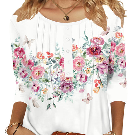 3/4 Length Sleeve Womens Tops Round Neck Casual Summer Tunic Tops Basic Tees Blouses Dressy T-Shirts Pleated Shirts