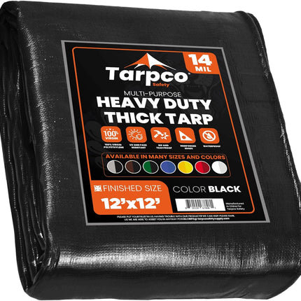 Tarpco Safety Extra Heavy Duty 14 Mil Tarp Cover, Waterproof, UV Resistant, Rip and Tear Proof, Poly Tarpaulin with Reinforced Edges for Roof, Camping, Patio, Pool, Boat (Black 12′ X 12′)